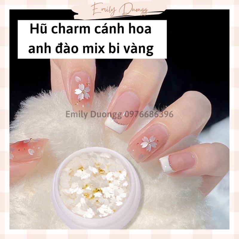 Hũ charm cánh hoa anh đào mix bi vàng trang trí móng