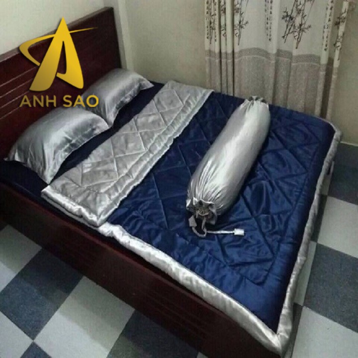 Bộ Chăn Drap Lụa Cao Cấp Ánh Sao Mềm Mịn - Xanh phối Bạc 1m6x2m/1m8x2m - Mền lồng lớp bông mỏng có chân chỉ hình thoi