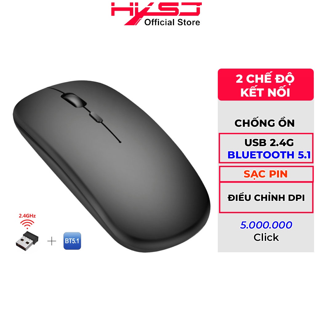 Chuột bluetooth HXSJ M90 wireless sạc pin siêu mỏng, chống ồn chuyên dùng cho máy tính,laptop,pc,tivi - Hàng Chính Hãng