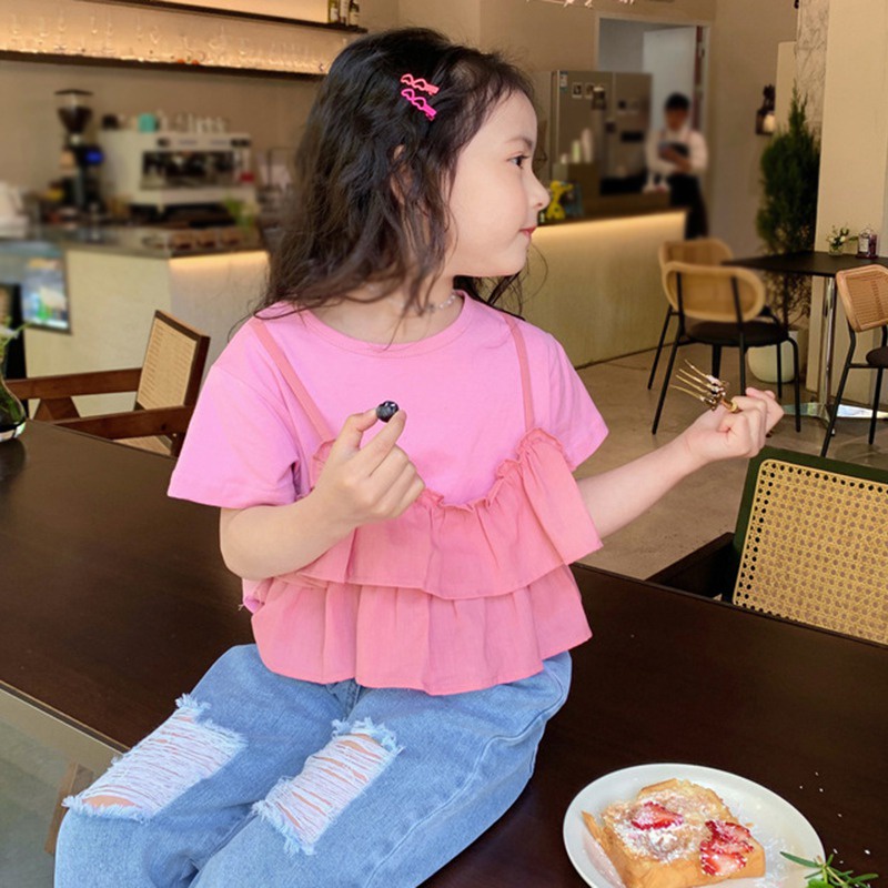 Áo Thun Nữ Ngắn Tay Cổ Tròn Giả Hai Lớp Thời Trang Hàn