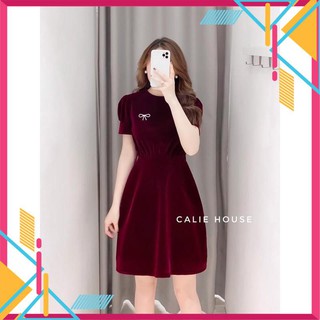 VNU63 - VÁY NHUNG XOÈ ĐÍNH NƠ NGỰC TAY NGẮN BỒNG