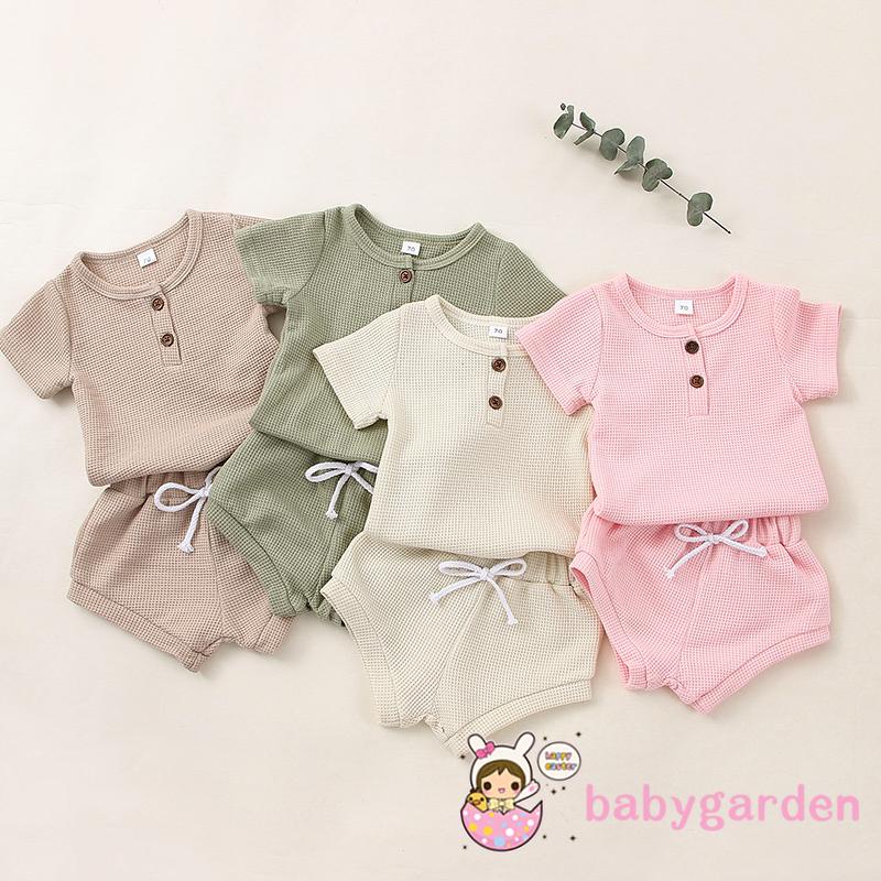 Set Áo Thun Ngắn Tay Cổ Tròn + Quần Short Lưng Cao 2 Món Thời Trang Cho Bé 0-24 Tháng Tuổi