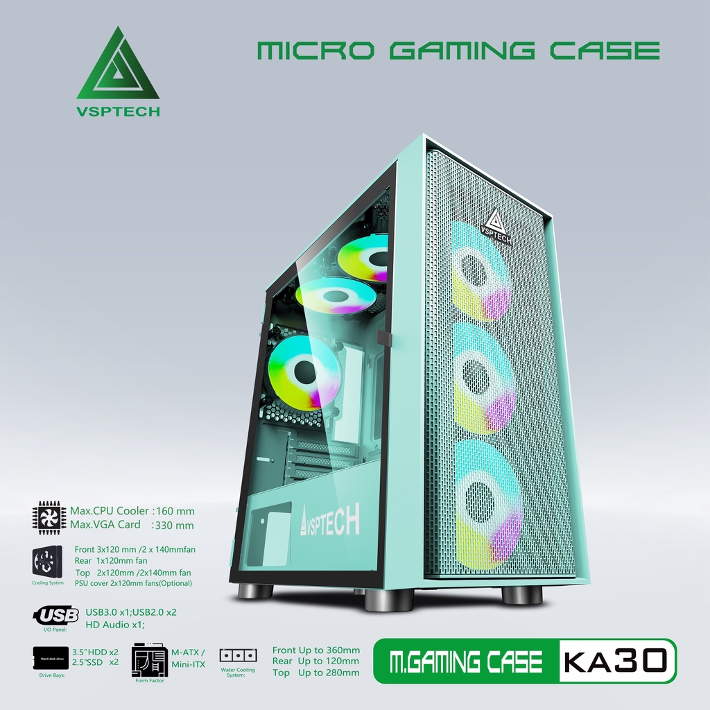 Case Gaming VSP HA01 Mini Tower (Màu Đen-Trắng-Hồng- Xanh)