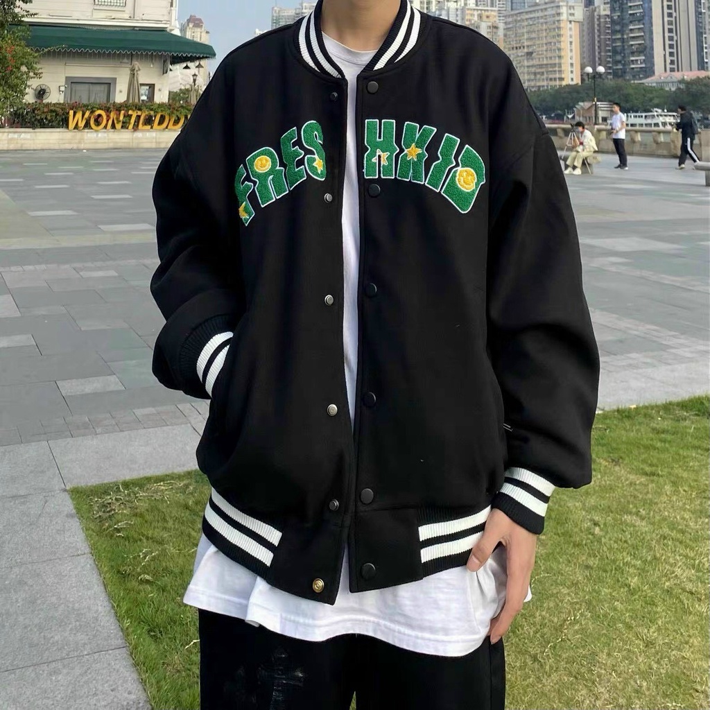 Áo Khoác Bomber Varsity Jacket Nam Nữ Full Đen Unisex Chất Kaki Dày Chữ Thêu