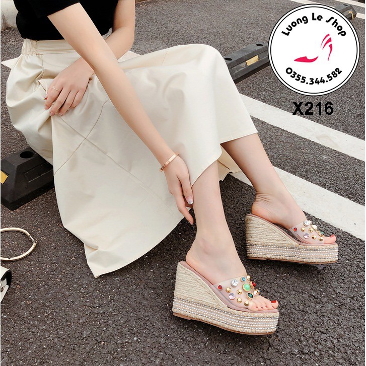 Dép đế xuồng 10cm đế cói quai trong đính đinh màu kem ms X216