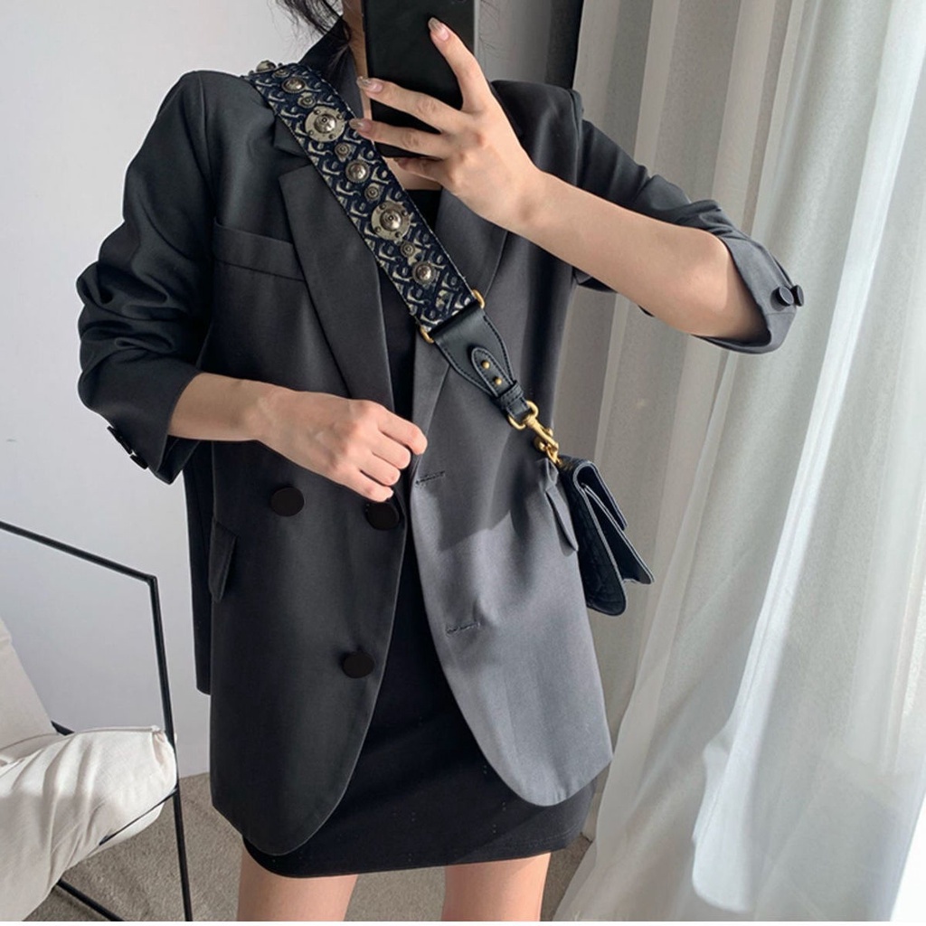 Áo khoác vest dáng dài màu xám phong cách retro Hàn Quốc thời trang xuân thu cho nữ