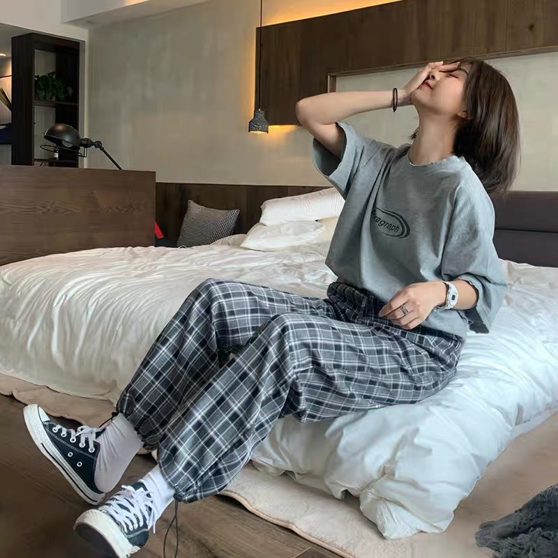 [Mã WASTHI giảm 10K đơn 50K] Bộ đồ para quần kẻ KA Closet màu tàn, chất vải cottton dầy, quần chất kẻ thô, from rộng | BigBuy360 - bigbuy360.vn