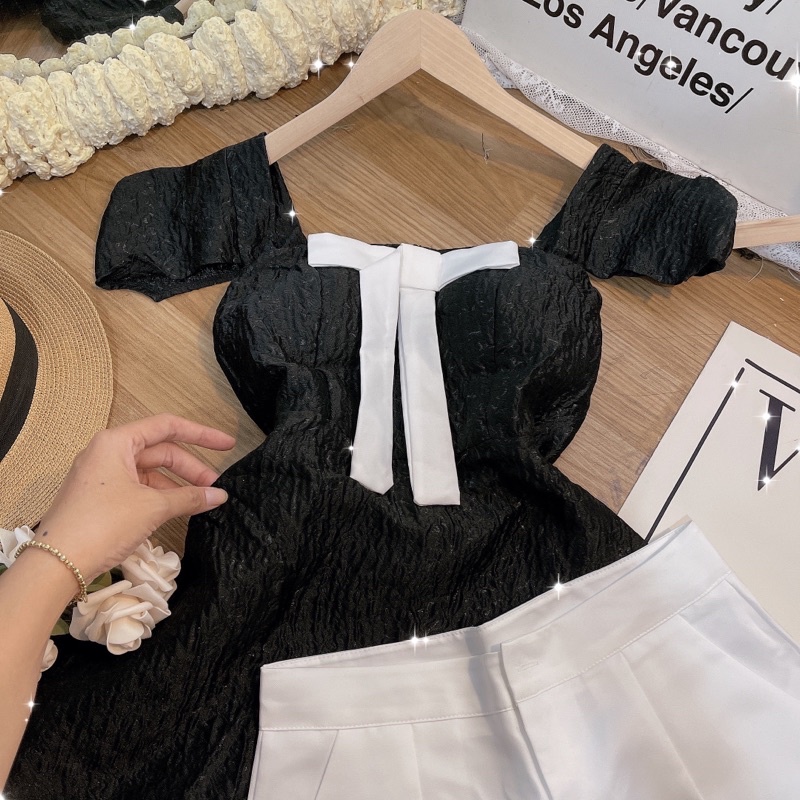 Set áo gấm đen nơ trắng kèm quần short VIBES