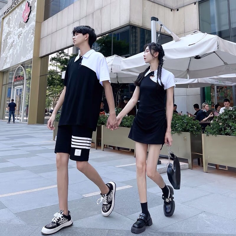 Sét đồ đôi nam và nữ váy ngắn và áo polo 2 màu đen trắng kết hợp