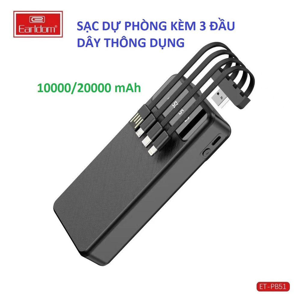 Sạc dự phòng Earldom 10000/20000mAh Sạc nhanh cùng lúc 4 thiết bị Kèm sẵn 3 dây cáp sạc thông dụng