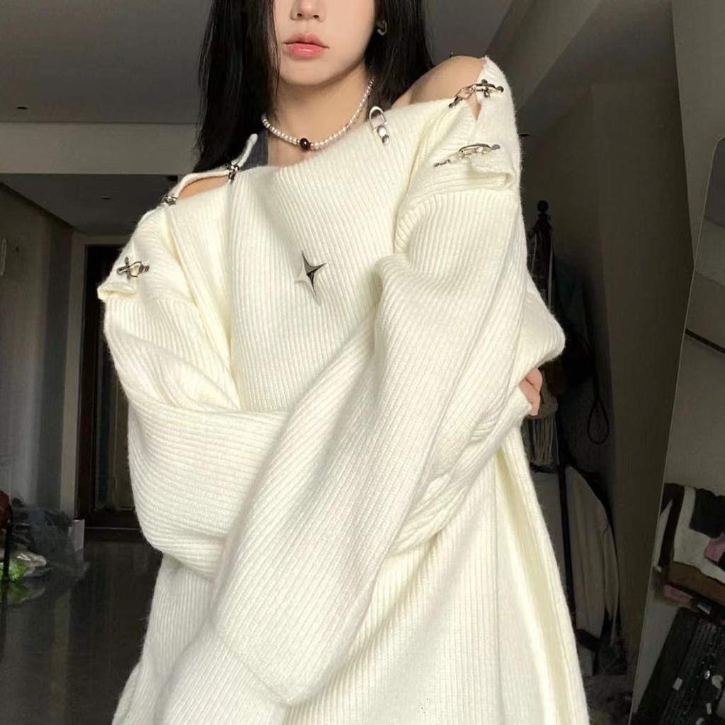 Áo Sweater Dệt Kim Một Dây Hở Vai Khóa Máy Bay Thời Trang Mùa Thu 2022