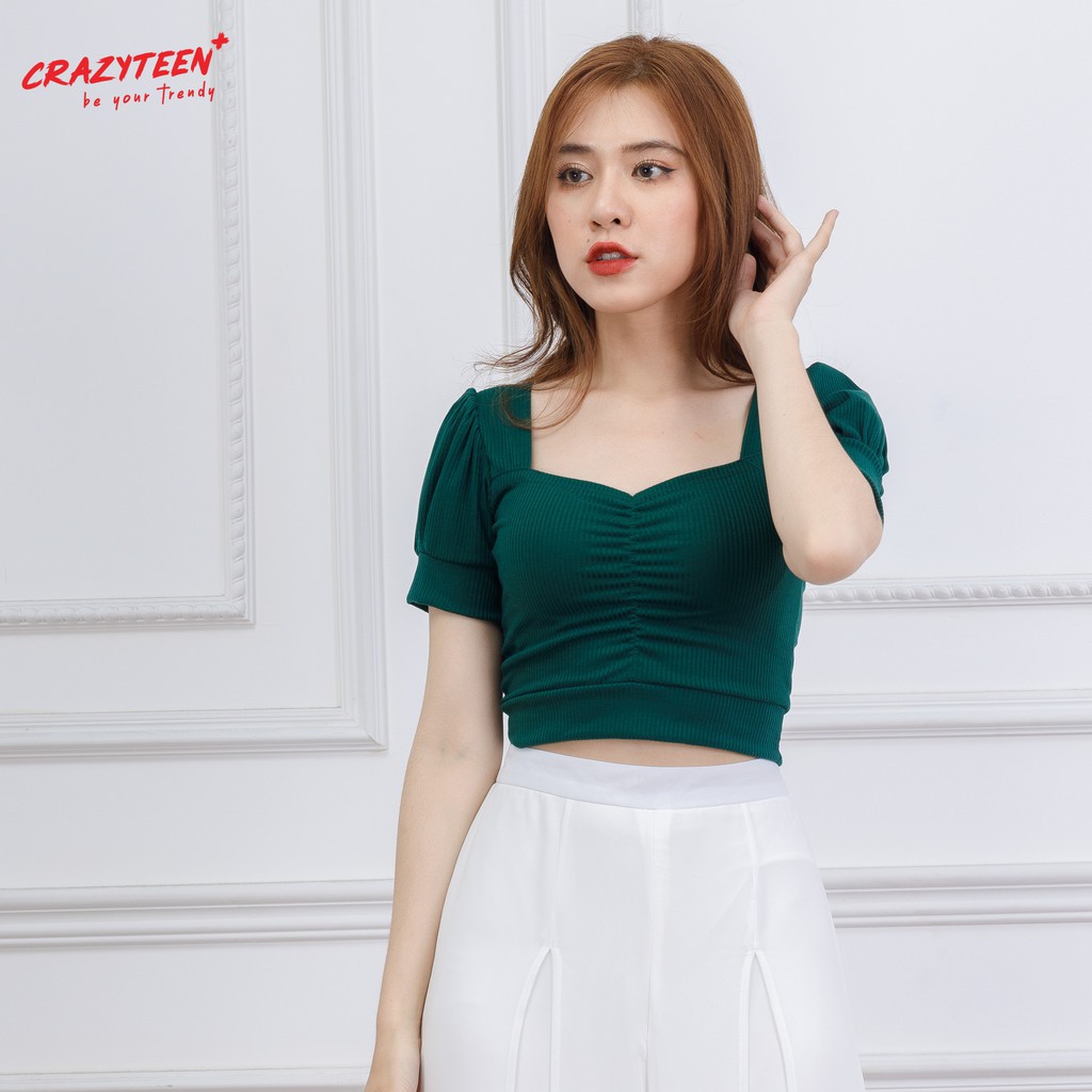 Áo croptop nữ Crazyteen chất thun tay ngắn bồng nhún ngực AT0121