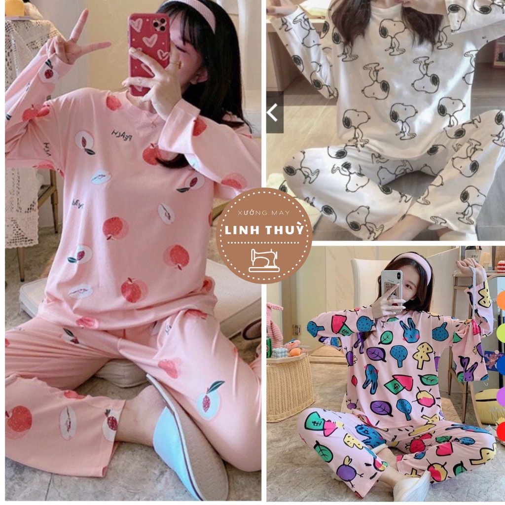 Bộ thun dài tay nữ nhiều họa tiết, set đồ ngủ quần suông áo phông thu đông in hình bánh bèo pijama mặc ở nhà Ulzzang