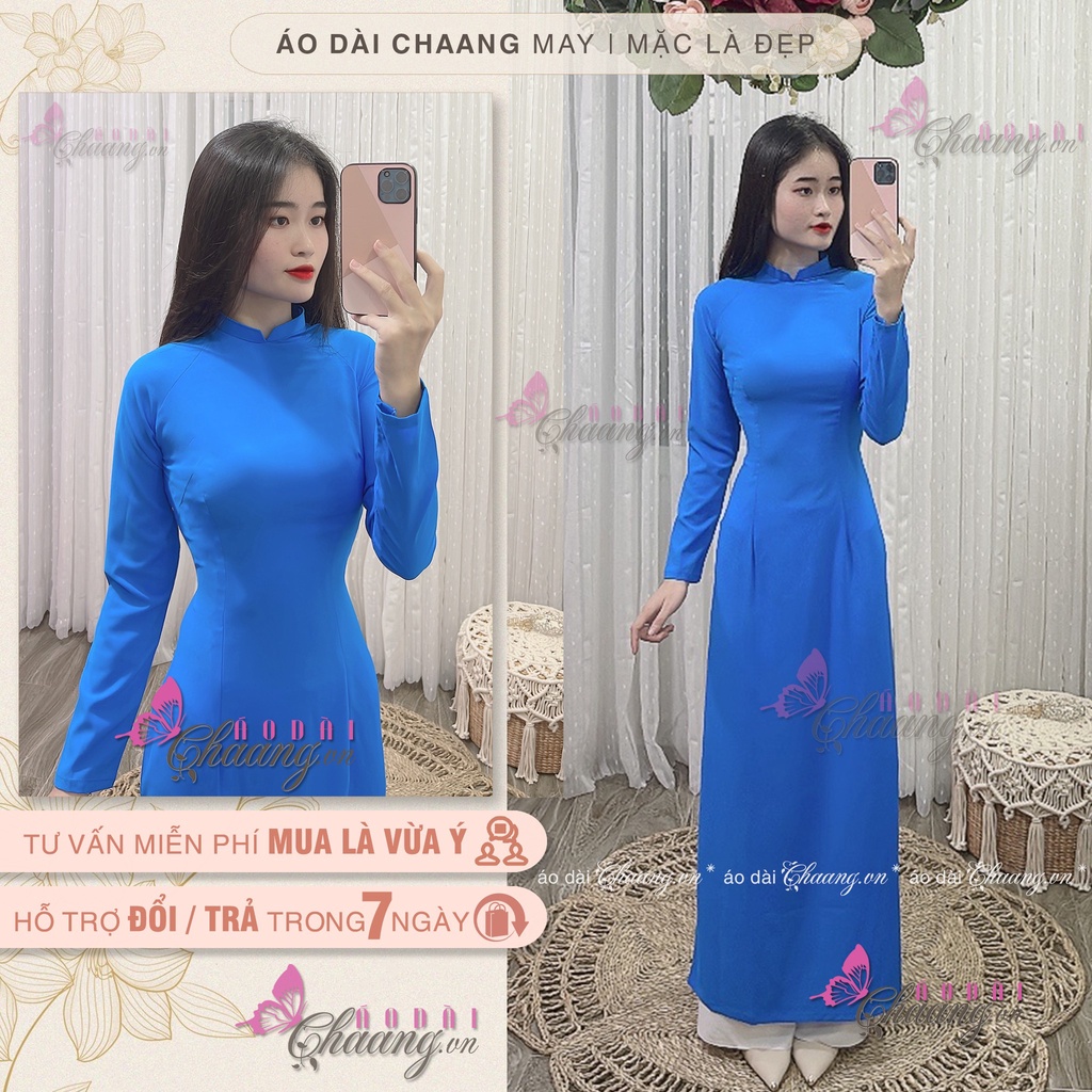 Áo Dài Xanh Thiên Thanh Đoàn Viên May Sẵn Vải Lụa Cao Cấp Cổ Vuông Tay Dài Đẹp TN01