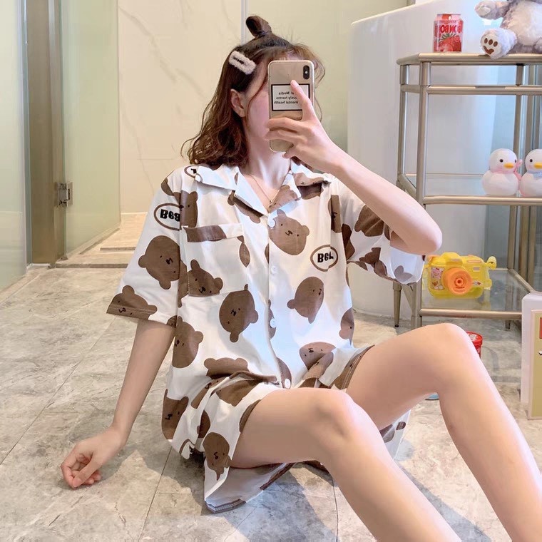 [Hàng mới về] Bộ ngủ pyjama tay ngắn quần cộc vải kate thái mặc thoải mái giá xưởng