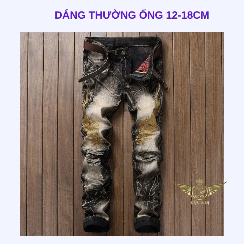 Quần jean nam ống suông đẹp độc lạ LEVAMEN chất liệu cotton không co giãn dáng thường thêu phượng  QJ050 | BigBuy360 - bigbuy360.vn