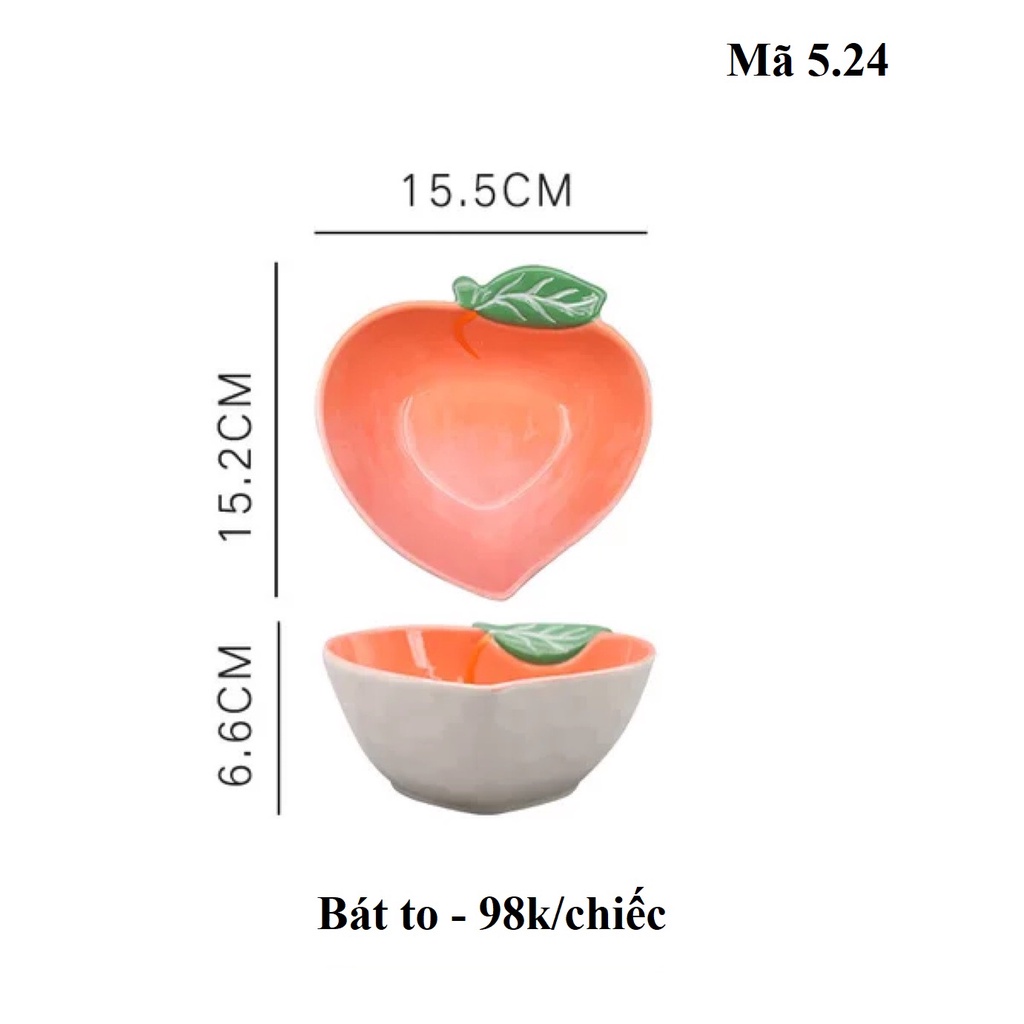 Bát đĩa bằng sứ hình quả đào, đồ dùng ăn dặm cho bé 5.24
