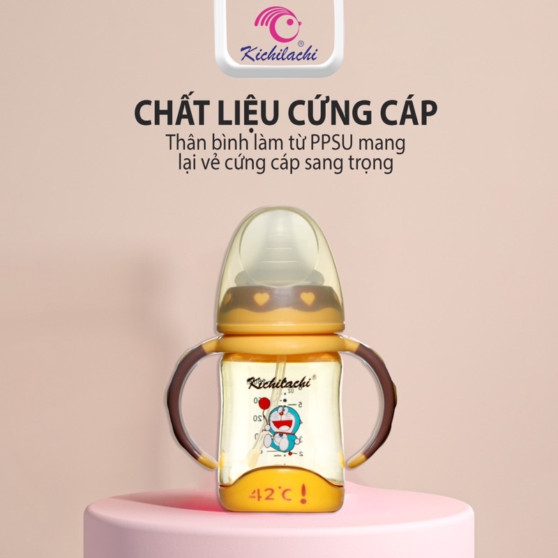 Bình sữa cảm biến nhiệt cổ rộng có quai cầm Kichilachi PPSU 180ml/240ml núm ty siêu mềm cho bé