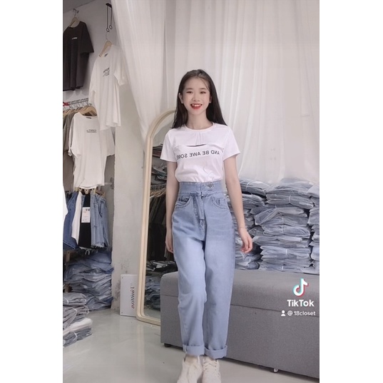 Quần jean baggy nữ cạp cao - Quần bò chữ Tuninke