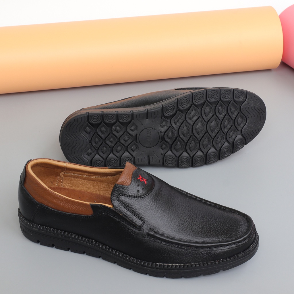 Giày lười nam da bò cao cấp, giày lười đế bằng da bò vân hạt - HT.NeO