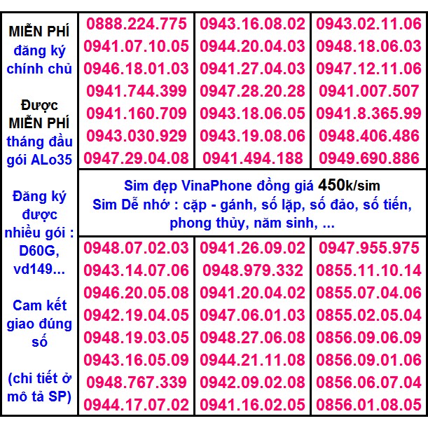 Sim Vina số đẹp 450k Hỗ Trợ ĐK chính chủ Miễn phí gói ALO35 tháng đầu, ĐK được gói VD149-D60G...(xem chi tiết SP)