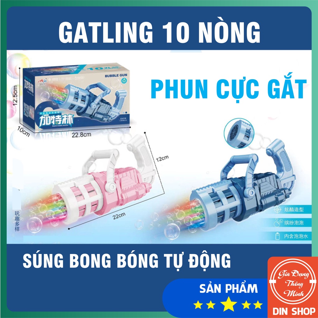 Súng bắn bong bóng xà phòng 10 nòng 👑GATLING👑 Súng thổi bong bóng tự động 10 nòng cỡ bự có đèn - Din Shop