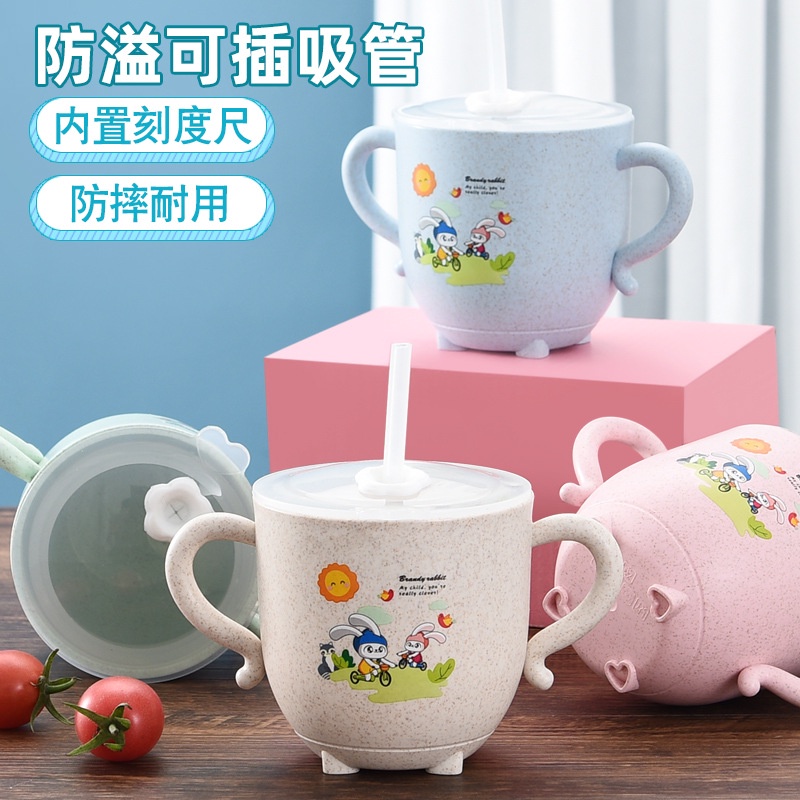 Bình Nước Chất Liệu Lúa Mạch Chống Sốc Kèm Ống Hút Họa Tiết Hoạt Hình Đáng Yêu Cho Bé