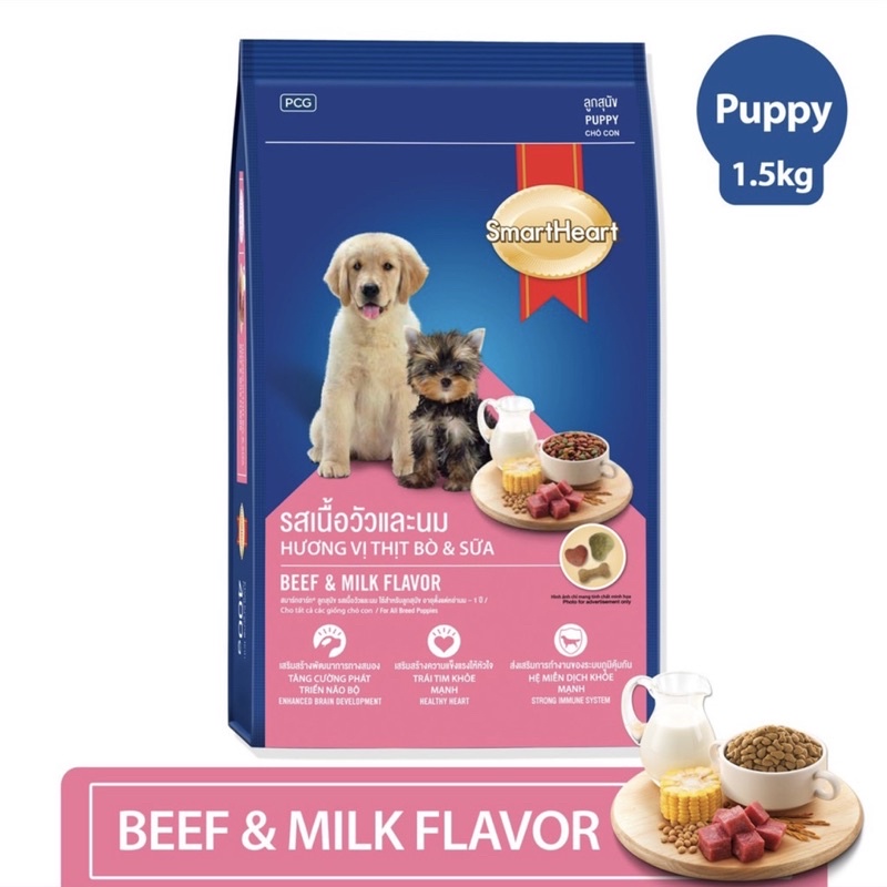 Thức Ăn Hạt Cao Cấp cho Chó Con SMARTHEART PUPPY Vị Bò và Sữa Gói 1.5Kg | Vie PETSHOP