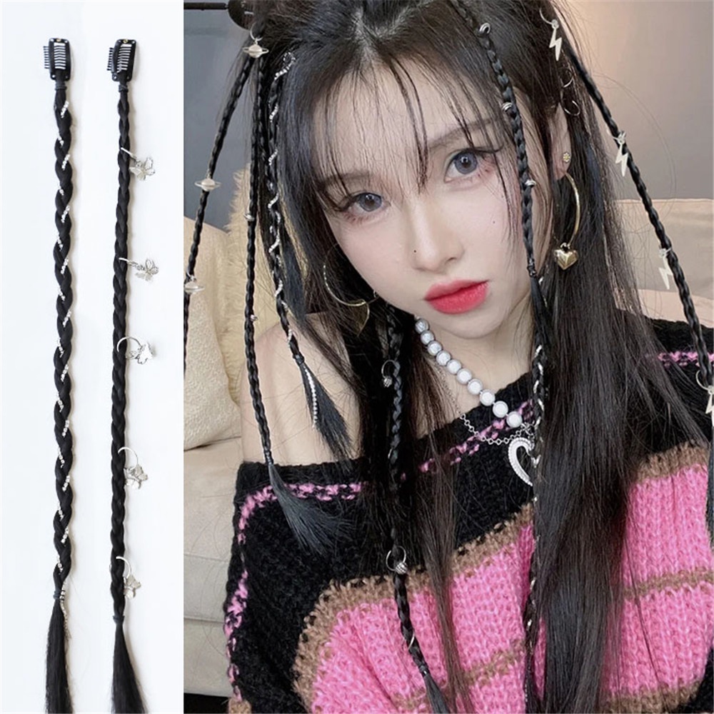 1 Cặp Tóc Giả Thắt Bím Đuôi Ngựa Dạng Móc Cài Dài Qipin Y2k Phong Cách Punk Dành Cho Bạn Nữ
