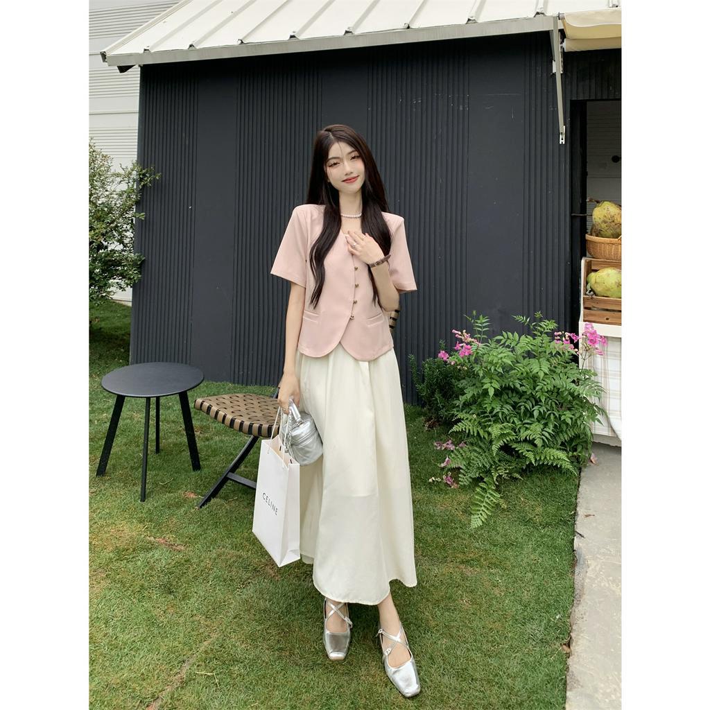 「 WELOVE1 」Bộ Áo Khoác Vest Ngắn Tay + Đầm Yếm Thời Trang Nữ Tính Cỡ Nhỏ