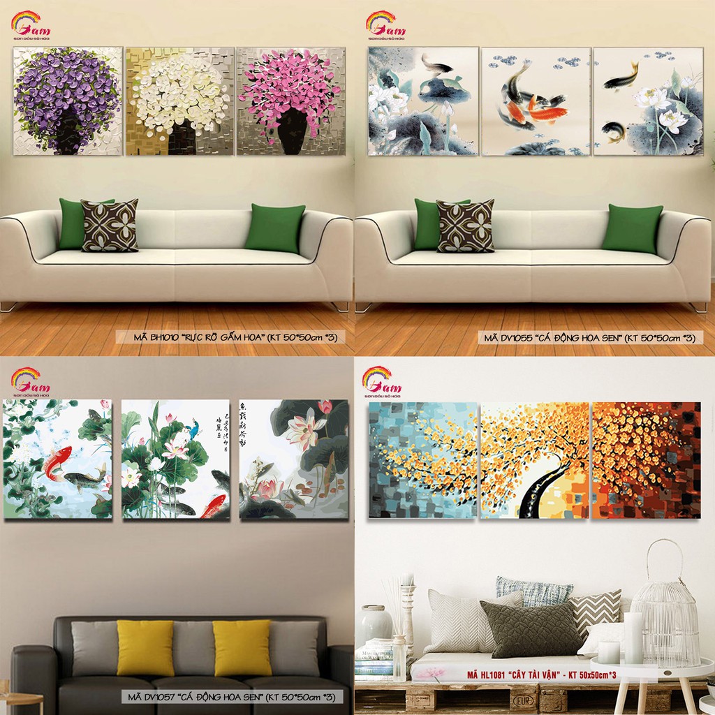 Bộ 3 bức tranh tô màu theo số sơn dầu số hóa DIY size 50x50cm đã căng khung trang trí phòng và nhà ở