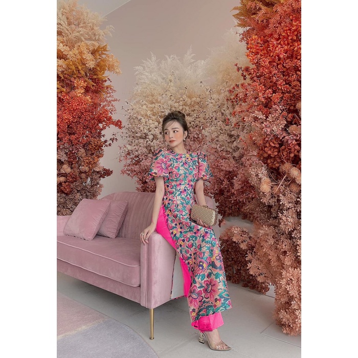 AÓ DÀI SẮC HOA  HỒNG TAY BỒNG HỌA TIẾT BÔNG CHÂN - KL004