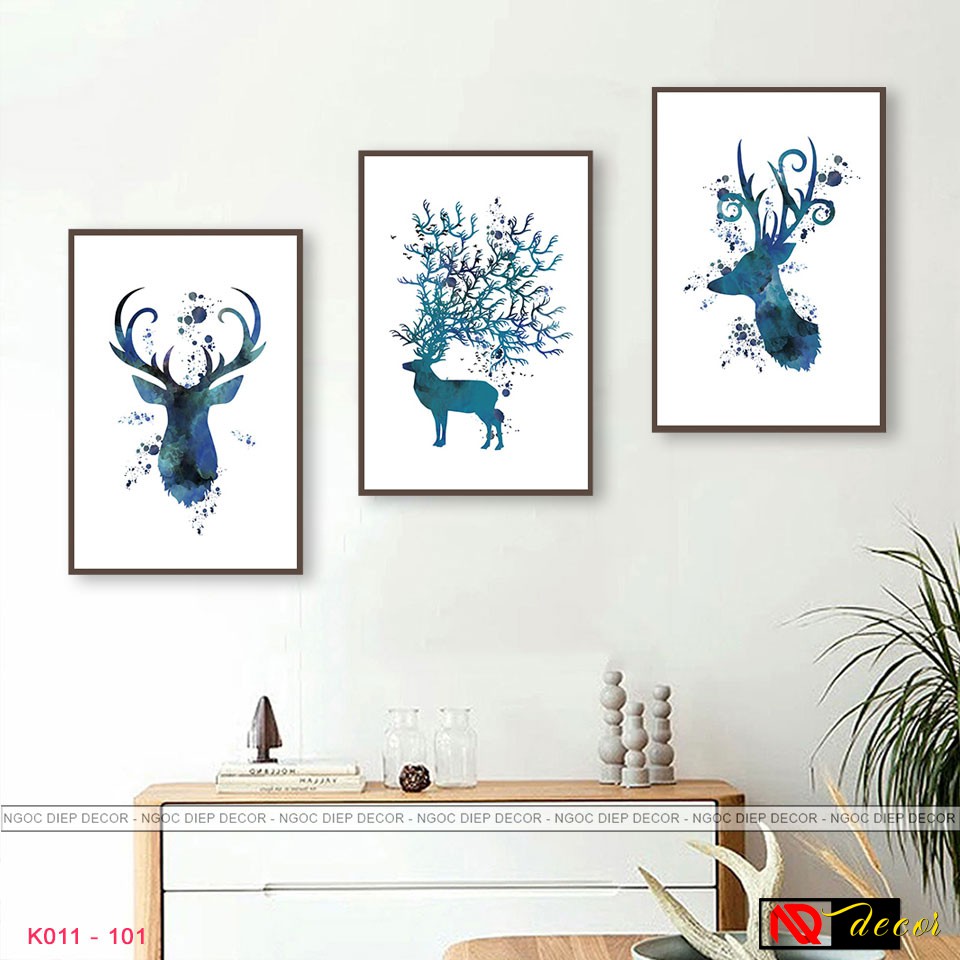 Tranh Decor phòng khách 3 bức Hươu Hiện đại trang trí phòng ngủ treo tường nghệ thuật số hóa vintage đẹp R65