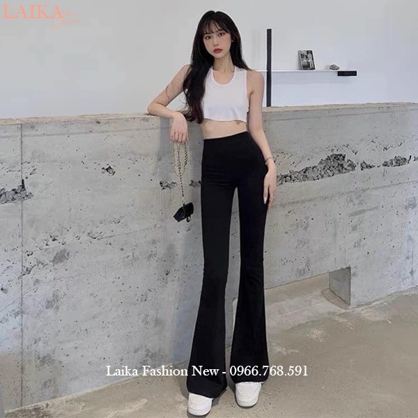 Quần ống loe cạp cao dài con giãn tôn dáng màu đen bigsize dây eo dáng quần legging ống loe ôm lưng chun vải cotton dày