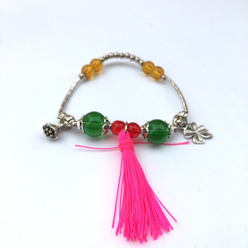 VT197 Vòng tay hạt đá mix charm gắn tua rua 5 cái/lốc