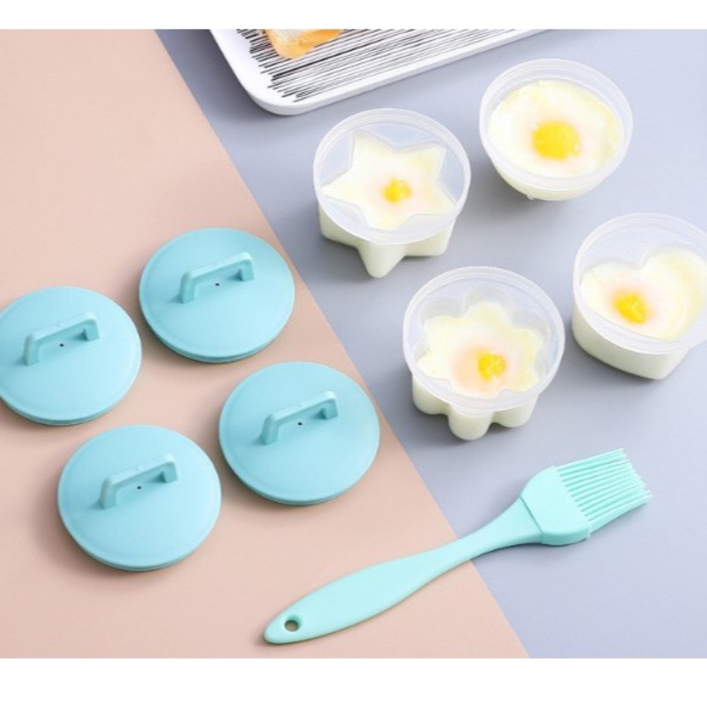 Khuôn hấp trứng, làm bánh cho bé (bộ 4 khuôn nhựa kèm chổi silicon quét dầu)