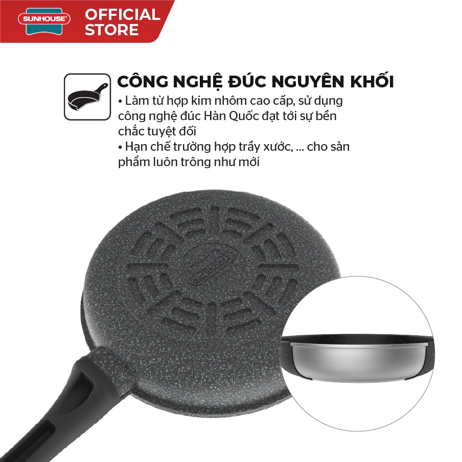 Chảo siêu bền đá SUNHOUSE SBD30 | Công nghê đúc Hàn Quốc | 3 lớp chống dính siêu bền | Không dùng cho bếp từ