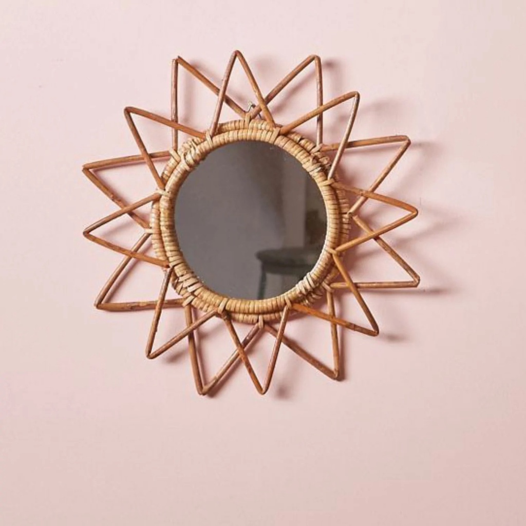 Gương hình tròn mặt trời, khung mây tre đan. Gương treo tường decor trang trí phòng ngủ phòng tắm phòng ăn phòng khách