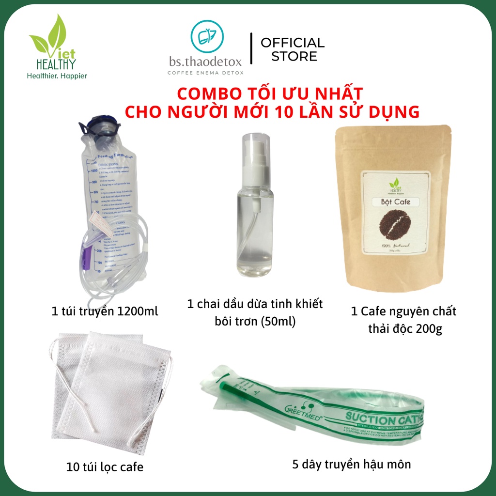 COMBO Bột Cà Phê Viethelthy + Bộ Dụng Cụ Thải độc đại tràng Coffee Enema, Gerson ( liệu trình mới làm quen 10 ngày)