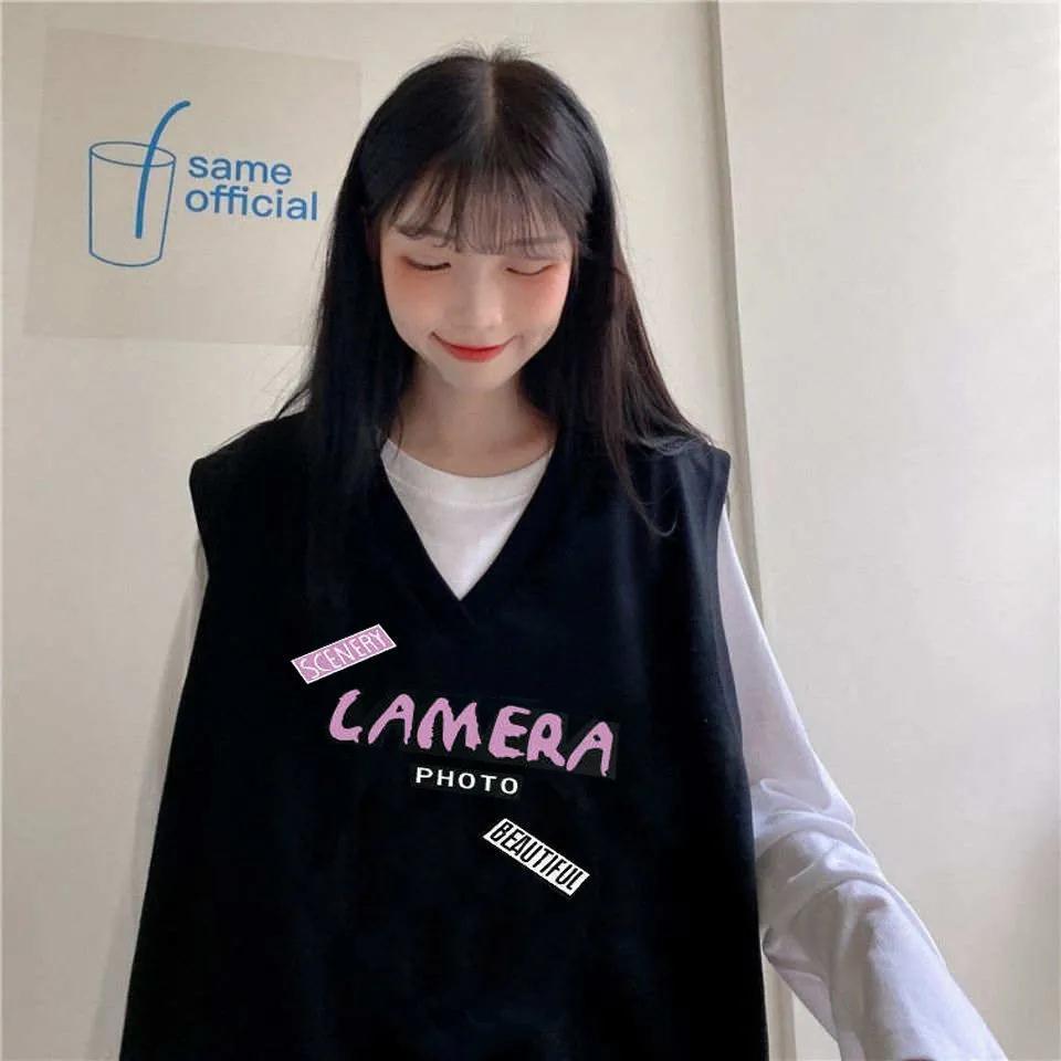 Áo Gile Jacket Women's Fashion Student Loose Korean V-neck Vest Women's Sleeveless Sweater Vest