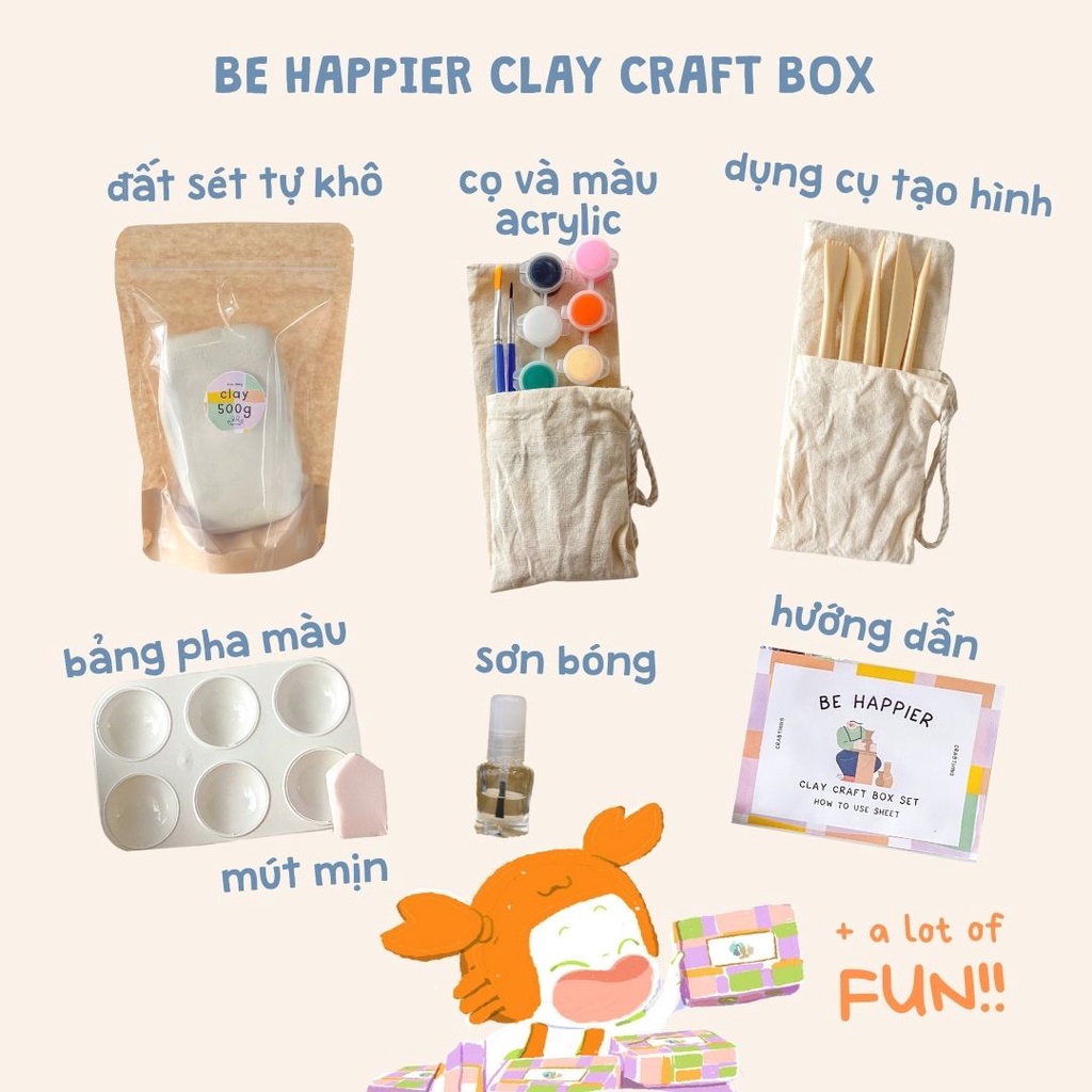 Box đất sét tự khô Crabit - Full Air Dry Clay Set - Đầy đủ dụng cụ, đất sét và màu acrylic