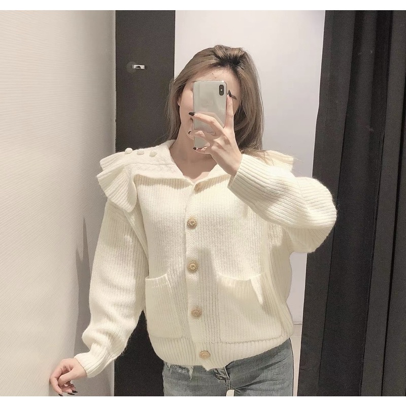 Áo Zara Tuồn Xịn Cổ Bèo Phối Bông Bi Trắng Kem Size S M ( Có Sẵn )