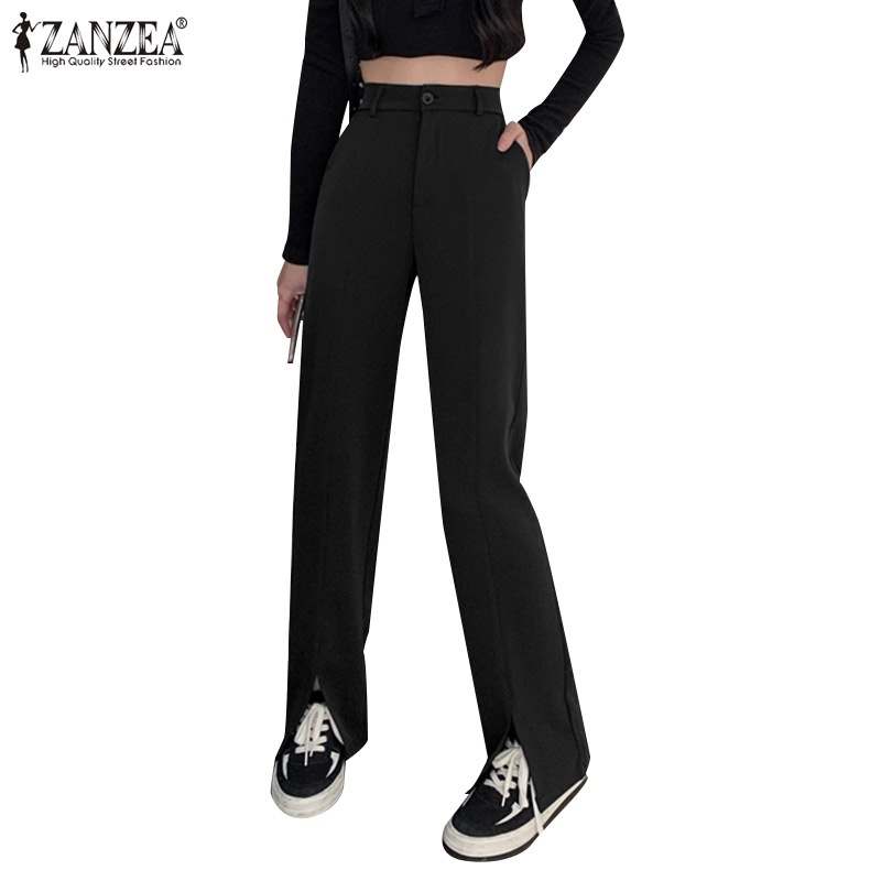 Quần dài Zanzea lưng cao màu trơn xẻ tà trước thời trang cho nữ