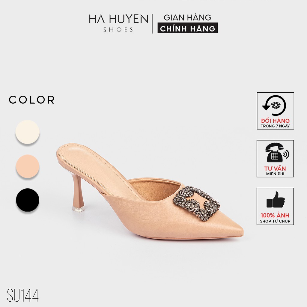 Sục nữ cao gót Hà Huyền Shoes da mũi nhọn đính đá xám gót nhọn 7 phân cao cấp - SU144