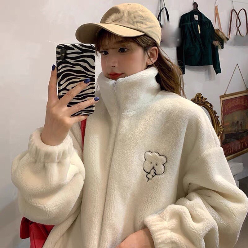 Áo khoác lông thỏ  3 lớp dày dặn, cổ cao thêu hình gấu cute