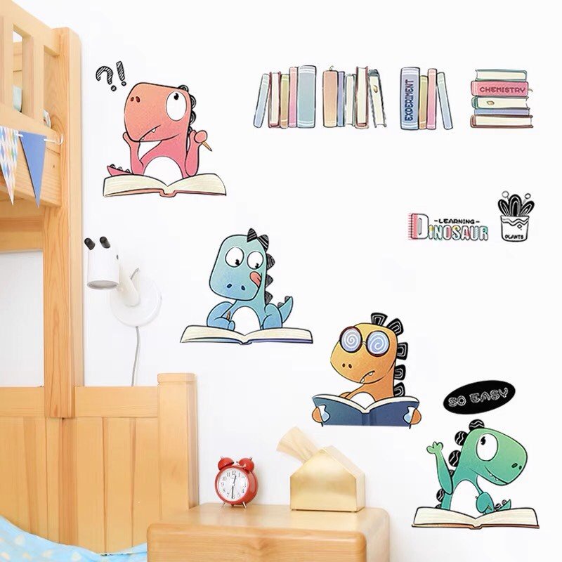 Decan dán tường 3d cho bé khủng long học bài trang trí phòng ngủ tủ quần áo