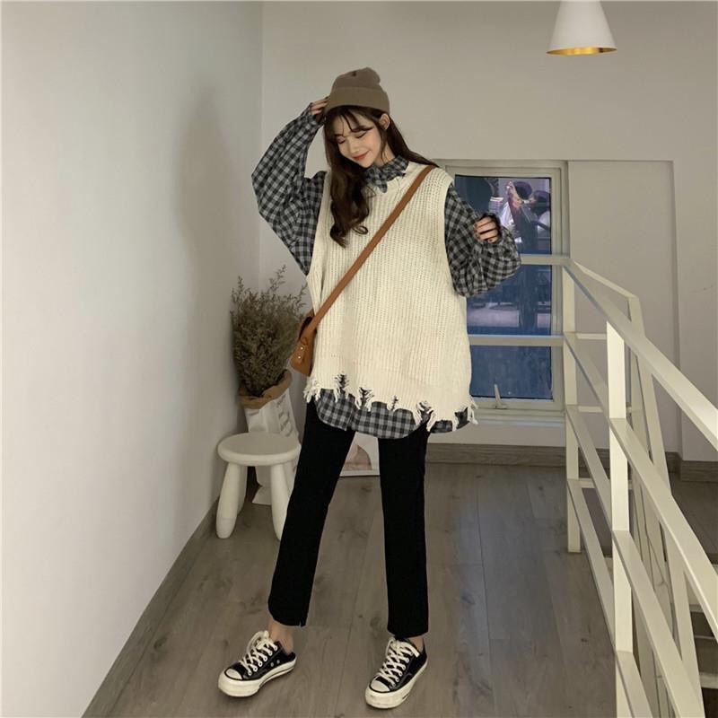 Set Áo Sơ Mi Kẻ Caro + Gile Len Caro M3 Thời Trang Hàn Quốc 2021