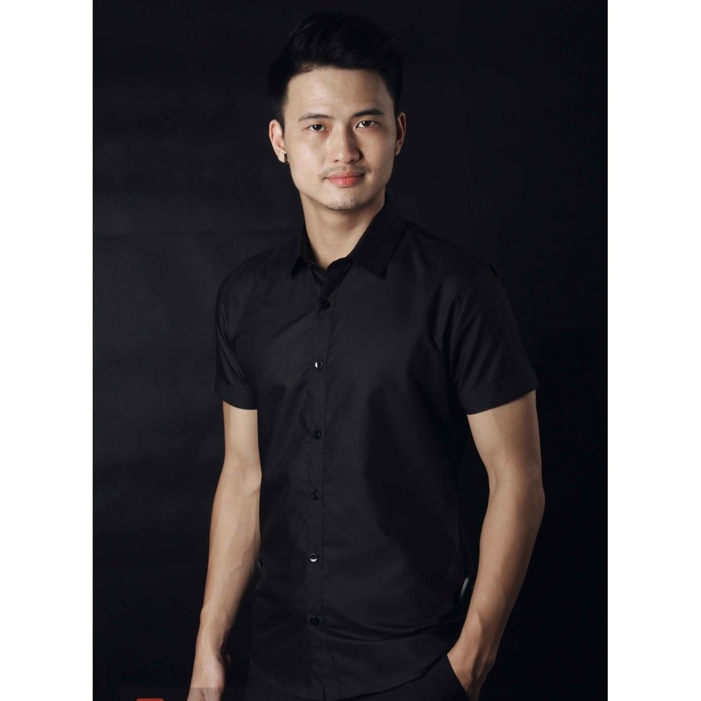 Áo sơ mi nam ngắn Tay Đen dáng body Hàn Quốc không nhăn, Áo sơ mi nam Ngắn Tay Đen | BigBuy360 - bigbuy360.vn