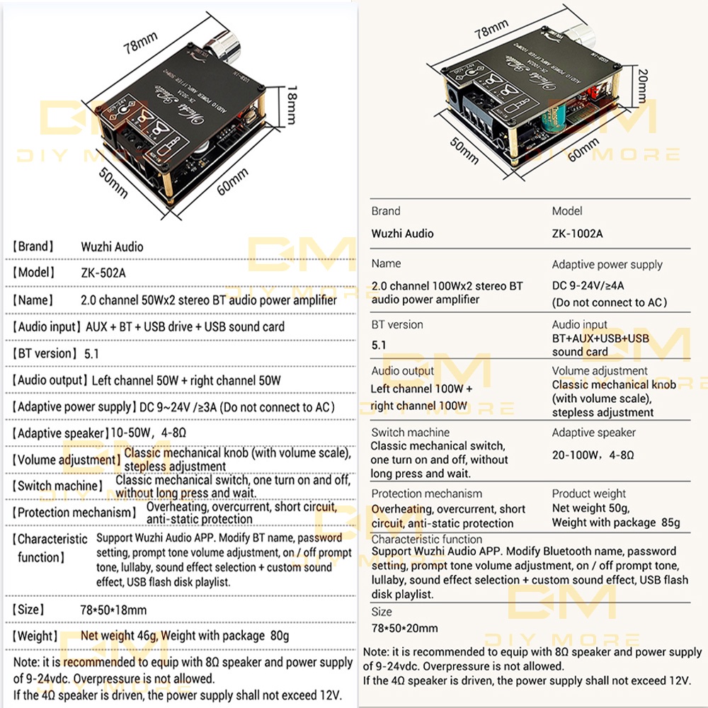 Mô đun khuếch đại âm thanh kỹ thuật số pcbfun ZK-502A/ ZK-1002A kênh 2.0 50W+50W/ 100W+100W