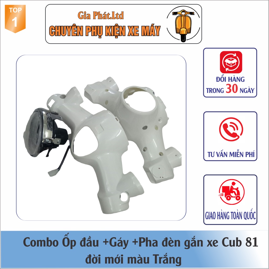 Combo Ốp đầu màu TRẮNG gắn xe Cub 81 đời mới đầy đủ ốp đầu trước,gáy sau và pha đèn kèm bóng